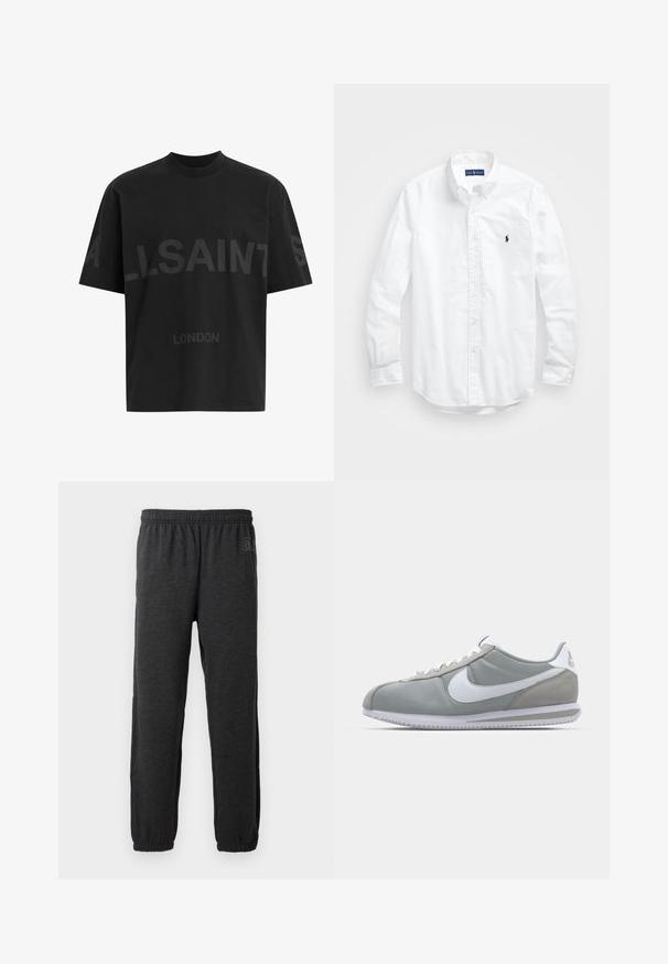 Melna pārstrādāta T-kreklā ar tumši pelēku "ALLSAINTS" tekstu pār krūtīm un "LONDON" mazākā izmērā zem tā.; Balta garām piedurknēm pogājamā krekla izgatavots no kokvilnas. Iezīmē klasisku apkakli, poga aproces un mazu tumši zilu izšūtu logo uz krūšu.; Pelēki sporta bikses, izgatavotas no mīksta auduma, ar elastīgu jostasvietu un sašaurinātiem kājiņām ar elastīgiem aproces. Diskreta logotipa detaļa uz vienas kājas.; Pelēkie sporta apavi ar zamša un tekstila augšu, balto Nike logotipu un baltiem šņorēm. Iezīmējas ar strukturētu gumijas zoli un mīkstu apkaklīti.