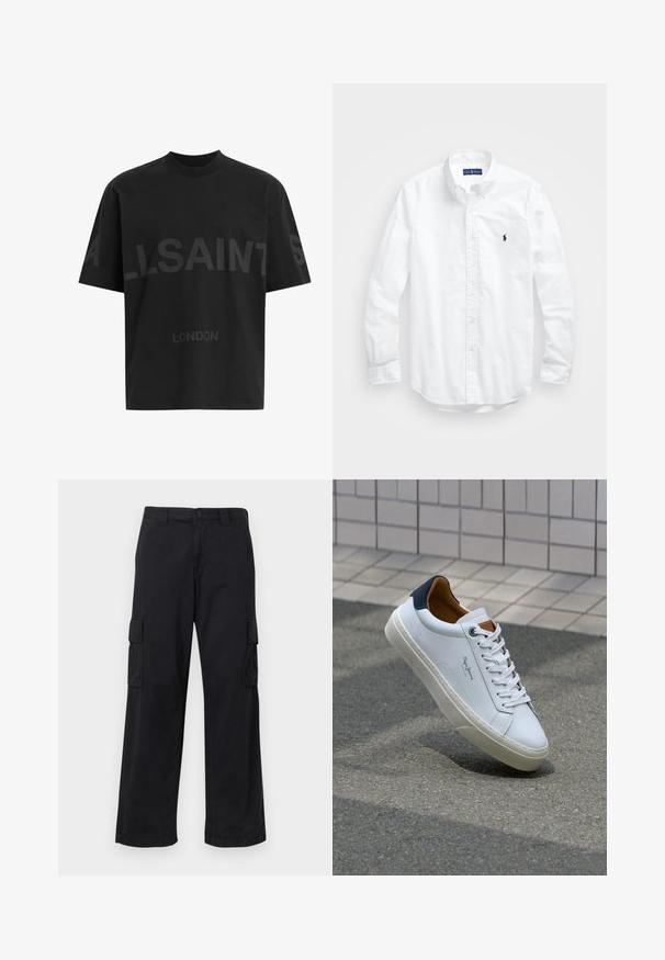 Sort T-shirt i bomuld med løs pasform, der har et stort tonalt "ALLSAINTS" design og teksten "LONDON" på forsiden. Korte ærmer, rund hals.; Hvid langærmet skjorte i bomuld. Har en klassisk krave, knapmanchetter og et lille marineblåt broderet logo på brystet.; Sorte cargo bukser lavet af bomuldsblanding, med løs pasform, to sidelommer og knaplukning. Flad tekstur med minimale udsmykninger.; Hvide lædersneakers med en marineblå hæl, rund tå og kontrasterende brune detaljer. Har flade snørebånd og en tekstureret gummisål.