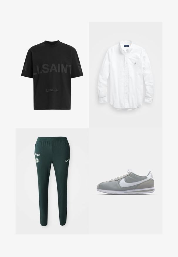 T-shirt nero oversize con il testo grigio scuro "ALLSAINTS" sul petto e "LONDON" in lettere più piccole sottostante.; Camicia bianca a maniche lunghe con bottoni in cotone. Presenta un colletto classico, polsini a bottone e un piccolo logo ricamato in blu navy sul petto.; Pantaloni sportivi verdi realizzati in tessuto a costine, con logo Nike, stemma del Chelsea FC e branding BingX sul lato sinistro.; Scarpa sportiva grigia con tomaia in camoscio e tessuto, swoosh Nike bianco e lacci bianchi. Presenta una suola in gomma testurizzata e un collare imbottito.