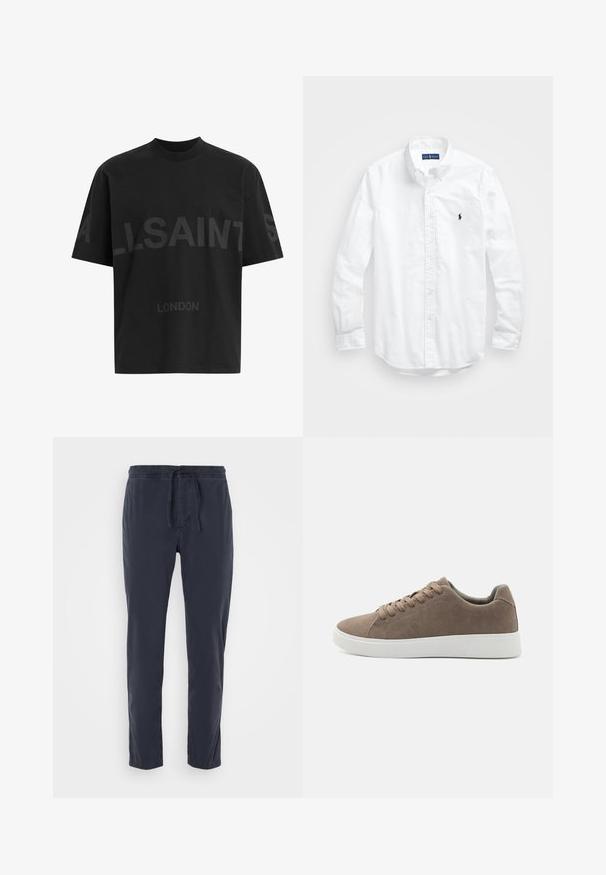 Fekete, túlméretes póló sötétszürke "ALLSAINTS" felirattal a mellkason, alatta kisebb betűkkel "LONDON" felirattal.; Fehér, hosszú ujjú, gombos férfiing pamutból. Klasszikus gallérral, gombos mandzsettával és egy kis sötétkék hímzett logóval a mellrészen.; Sötétkék, könnyű nadrág elasztikus derékkal és zsinórral, szűkített fazonnal és sima textúrával, látható zsebek nélkül.; Barna nubuk sportcipők lapos fehér gumitalppal, fűzős kialakítással, lekerekített orral és sima textúrával. Minimalista stílus, finom varrási részletekkel.