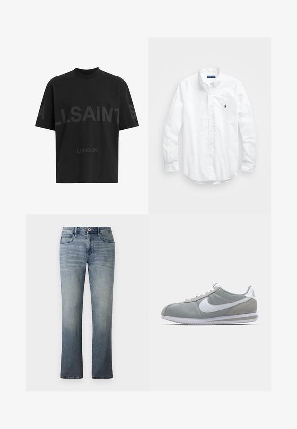 Črna oversize majica s短kimi rokavi z temno sivo napisano besedo "ALLSAINTS" čez prsi in "LONDON" v manjših črkah spodaj.; Bela dolg rokav srajca s gumbi iz bombaža. Ima klasičen ovratnik, gumbnice na zapestjih in majhen temno moder vezen logotip na prsih.; Svijetlo prane traperice s ravnim krojem, stil pet džepova, metalna kopča i suptilni izblijedjeli detalji.; Sive tenisice za šport z zgornjim delom iz semiša in tekstila, belim Nike swooshom in belimi vezalkami. Imajo strukturirano gumijasto podplat in oblazinjen ovratnik.