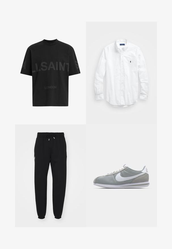 Camiseta negra de gran tamaño con el texto en gris oscuro "ALLSAINTS" en el pecho y "LONDON" en letras más pequeñas debajo.; Camisa blanca de manga larga de algodón con botones. Presenta un cuello clásico, puños con botones y un pequeño logo bordado en azul marino en el pecho.; Pantalones deportivos negros hechos de tela suave, con una cintura elástica con cordón, puños elásticos y un pequeño detalle de logo en el costado.; Zapatilla deportiva gris con parte superior de ante y textil, swoosh blanco de Nike y cordones blancos. Presenta una suela de goma texturizada y un collar acolchado.