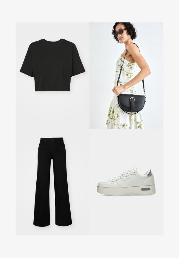 T-shirt noir court en coton doux. Il possède un col rond, des manches courtes et une coupe décontractée sans motifs ni accents.; Pantalons large en denim noir, dotés d'une taille structurée, de passants de ceinture et de poches avant. Texture lisse avec un design classique.; Baskets en cuir blanc avec une semelle texturée, dotées d'un empiècement de talon métallique argenté et d'un logo "REPLAY" sur le côté. Design minimaliste.; Sac à main en cuir noir avec une forme courbée, bandoulière amovible et des accessoires en or. Le sac est doté d'un rabat avec un détail de boucle.