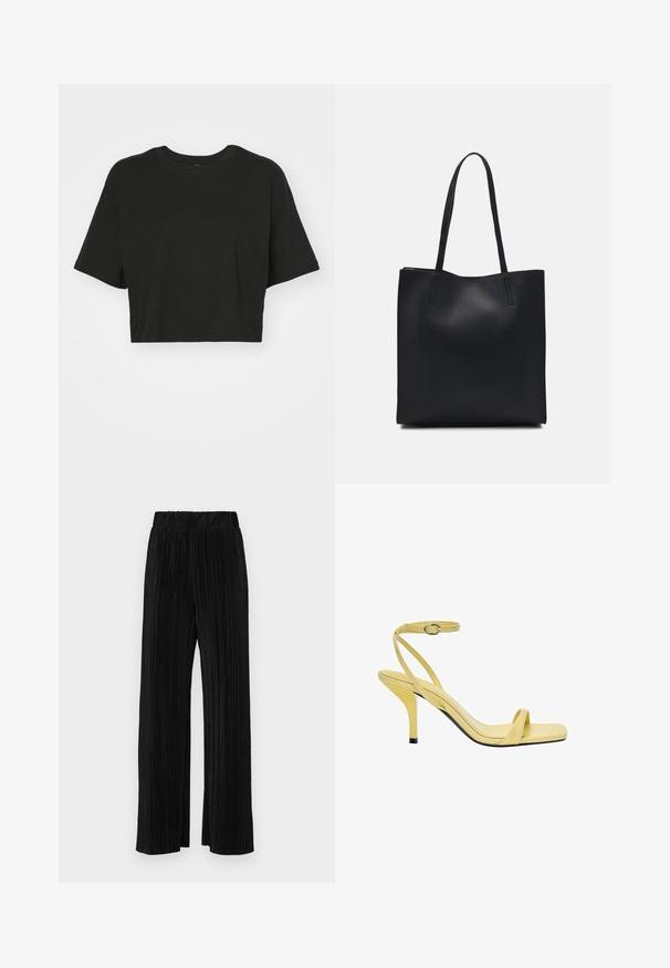 Fekete, rövidített fazonú póló, puha pamutból készült. Kerek nyakú, rövid ujjú, lazán illeszkedő fazonú, minták vagy díszítések nélkül.; Fekete pliszírozott nadrág gumis derekkal. Széles lábakkal rendelkezik, sima, texturált anyagból készült, függőleges csíkokkal.; Sárga bőrből készült, magas sarkú szandál, négyzet formájú orral, vékony bokapánttal és fényes felülettel, fekete sarokkal kiemelve.; Fekete bőrtáska sima felszínnel, téglalap alakú, két hosszú füllel. Nincs látható fémkiegészítő vagy díszítés.
