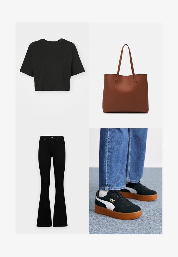T-shirt nera cropped in morbido cotone. Presenta un colletto rotondo, maniche corte e una vestibilità comoda senza motivi né dettagli.; Jeans neri a vita alta con chiusura a bottoni e zip, tasche frontali e gambali svasati, distesi su uno sfondo bianco.; Sneakers bianco e nero con texture in suede e suola in gomma. Presentano un logo dorato sul lato e lacci rotondi, indossati con jeans blu.; Borsa tote in pelle marrone con texture liscia, design con apertura superiore e due spallacci. Presenta cuciture minime e nessun hardware visibile.
