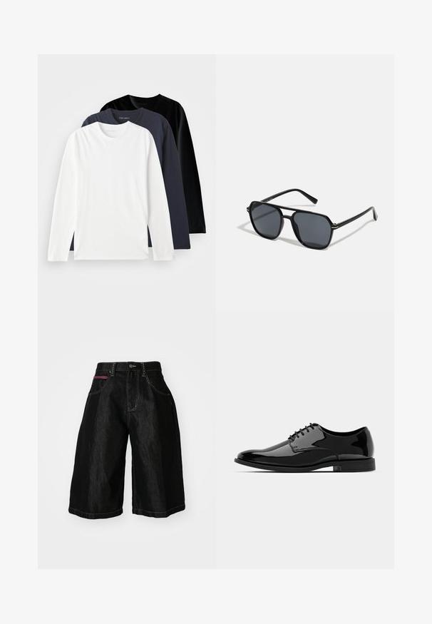 Trīs ar garām piedurknēm T-krekli, salikti vienā vietā: viens balts, viens tumši zils un viens melns. Izgatavoti no gludas kokvilnas, ar apaļiem kakla izgriezumiem un sānu slēgumiem.; Melni denima šorti ar plašiem kājiņām, satur piecas kabatas, pogu aizdari un kontrastējošu šuvju. Vienai kabatai ir sarkans akcent.; Melna laika kurpe no patentētās ādas ar noapaļotu purngalu, aukliņu dizainu un gludu, spīdīgu virsmu. Aprīkota ar zemu profilu gumijas zoli.; Melnas saules brilles ar astoņstūra rāmī, tumšiem stikliem, spīdīgu apdari, plānām kājām un zelta akcentiem priekšpusē.