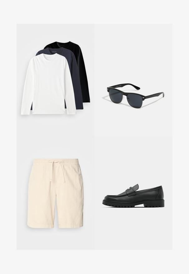 Tričko s dlhým rukávom uložené na seba: jedno biele, jedno tmavomodré a jedno čierne. Vyrobené z hladkej bavlny, s okrúhlymi výstrihmi a bočnými rozparky.; Beige bavlnené šortky s elastickým pásom a nastaviteľnou šnúrkou, ktoré majú bočné vrecká a voľný strih.; Čierne kožené mokasíny s okrúhlou špičkou, s prešitým dizajnom, nízkou platformou a textúrovanou, zúbkovanou gumovou podrážkou.; Čierne slnečné okuliare s obdĺžnikovým tvarom, tmavými sklami, striebornými akcentmi na bočných okrajoch a matným povrchom rámu.
