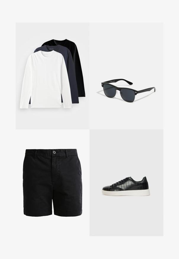 Trys ilgomis rankovėmis marškiniai, sukrauti vienas ant kito: vienas baltas, vienas tamsiai mėlynas ir vienas juodas. Pagaminti iš lygaus medvilnės, turi apvalius kaklus ir šoninius plyšius.; Juodi medvilniniai šortai su lygiu paviršiumi, mygtuko užsegimu ir sukta apačia. Turi diržo kilpas ir priekinius kišenes praktiniam naudojimui.; Juodi sportiniai batai su tekstūruotu krokodilo odos pamušalu, apvalia kojų dalimi ir kontrastinga balta guma su lygiu paviršiumi.; Juodos saulės akinių su stačiakampiu rėmeliu, tamsiais lęšiais, sidabrinėmis detalėmis šventrajose ir matinio paviršiaus rėmeliu.