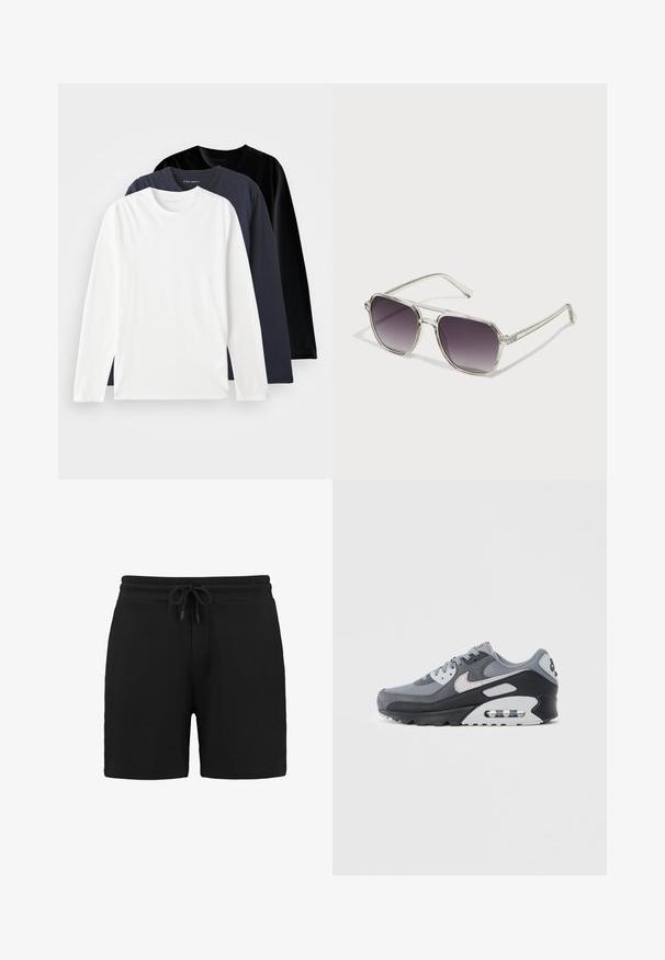 Three long-sleeve T-shirts stacked: one white, one dark navy, and one black. Made of smooth cotton, featuring round necklines and side slits.; Black cotton shorts with an elastic waistband and drawstring. Features a front pocket and a smooth, soft texture. Classic athletic design.; Gray sneaker featuring a mix of mesh and suede materials, with a black sole and visible air unit. Notable light gray accents and laces.; Clear-framed sunglasses with a square shape and gradient gray lenses. Slim silver accents on the temples add detail.
