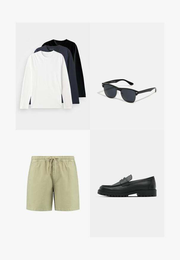 Kolme pitkähihasta T-paitaa pinottuna: yksi valkoinen, yksi tummansininen ja yksi musta. Valmistettu sileästä puuvillasta, joissa on pyöreät kaula-aukot ja sivuhalkiot.; Vaaleanvihreät shortsit, jotka on valmistettu pehmeästä kankaasta. Niissä on elastinen vyötärö nauhalla, sivutaskut ja rento malli.; Musta nahkaloafers, joissa on pyöreä kärki, ommeltu pinta, matala alusta ja kuvioitu, kuminen ulkopohja.; Mustat aurinkolasit, joilla on suorakulmainen muoto, tummat linssit, hopeiset yksityiskohdat temppeleissä ja matta pinta kehykset.