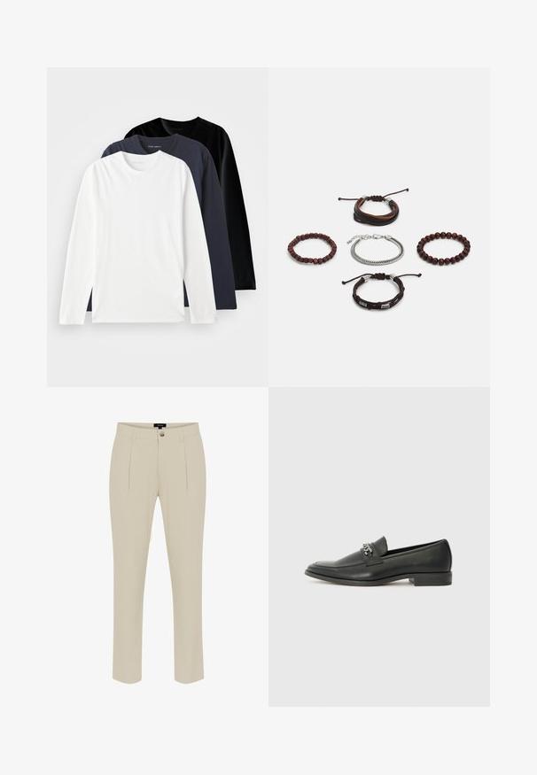Három hosszú ujjú póló halmozva: egy fehér, egy sötét tengeri kék és egy fekete. Simított pamutból készült, kerek nyakkivágással és oldalsó hasítékokkal rendelkezik.; Beige, szabott nadrág sima felülettel, gombos záródással, elülső redőkkel és szűkülő szárakkal.; Fekete bőr loaferek sima felülettel, varrott mintával és díszítő fém lánccal a cipő elején. Lapos sarok.; Öt darabból álló karkötőszett, barna bőrből, fa gyöngyökkel és ezüst lánccal; különböző textúrákkal és formákkal, állítható zárással.