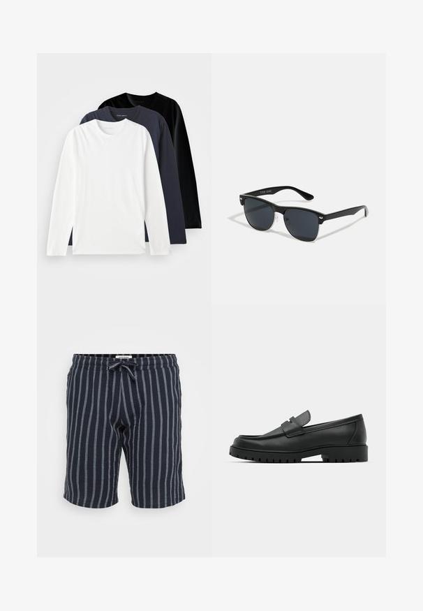 Trys ilgomis rankovėmis marškiniai, sukrauti vienas ant kito: vienas baltas, vienas tamsiai mėlynas ir vienas juodas. Pagaminti iš lygaus medvilnės, turi apvalius kaklus ir šoninius plyšius.; Dryžuoti tamsiai mėlyni šortai, pagaminti iš lengvos medžiagos, turi elastinę juostą su raišteliu ir vertikalius šviesiai mėlynus dryžius.; Juodi odiniai loaferiai su apvalia nosimi, su siuvinėtu dizainu, žemu platformos padu ir tekstūruotu, sukibimo raštu padu.; Juodos saulės akinių su stačiakampiu rėmeliu, tamsiais lęšiais, sidabrinėmis detalėmis šventrajose ir matinio paviršiaus rėmeliu.