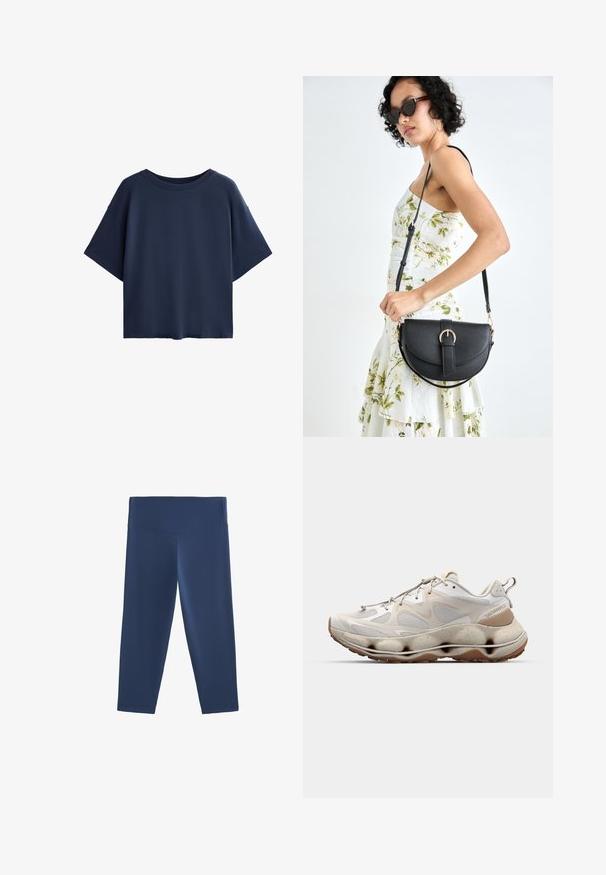 Mørkeblå t-shirt med løs pasform, korte ærmer, rund halsudskæring og blød bomuldsstruktur. Har et enkelt, udekoreret design.; Mørkeblå knælange leggings lavet af et strækbart stof med en bred, flad talje og glat tekstur, designet til komfort og nem bevægelse.; Lettere hvide sneakers har en mesh-overdel, teksturerede detaljer, en tyk, skulptureret sål, og en gummisål med et brunt mønster.; Sort læderhåndtaske med en buet form, aftagelig rem og guldfinish. Tasken har en klap med en spænde detalje.
