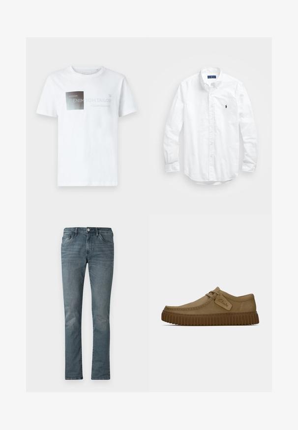 Balta medvilnės marškinėliai trumpomis rankovėmis su juoda ir pilka grafika bei tekstu. Apvalus kaklo iškirpimas, laisvas siluetas, glotni tekstūra.; Balta ilga rankovė mygtukų marškiniai iš medvilnės. Pasižymi klasikinėmis apykaklėmis, mygtukų rankogaliais ir mažuoju tamsiai mėlynu siuviniu su logotipu ant krūtinės.; Vyriški mėlyni džinsai su siauru siluetu, turintys penkis kišenes, mygtuko uždarymą ir subtilų išblukusį tekstūrą.; Šviesiai rudos zomšinės bateliai su apvaliu pirštu, siuvinėjimo detalėmis ir raguota ruda guma. Su šonine etikete su "Clarks" logotipu.
