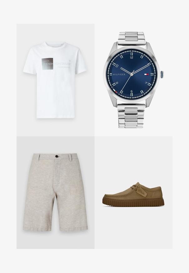 Balta medvilnės marškinėliai trumpomis rankovėmis su juoda ir pilka grafika bei tekstu. Apvalus kaklo iškirpimas, laisvas siluetas, glotni tekstūra.; Smėliniai lininiai šortai su lygiu paviršiumi, su vienu mygtuko užsegimu, diržo kilpomis ir tiesia kontūra, siekiančia vidurinę šlaunies dalį.; Šviesiai rudos zomšinės bateliai su apvaliu pirštu, siuvinėjimo detalėmis ir raguota ruda guma. Su šonine etikete su "Clarks" logotipu.; Sidabrinis metalinis laikrodis su šlifuotu mėlynu ciferblatu, baltais valandų žymekliais ir datos indikacija. Yra metalinė grandinė ir prekės ženklo logotipas.