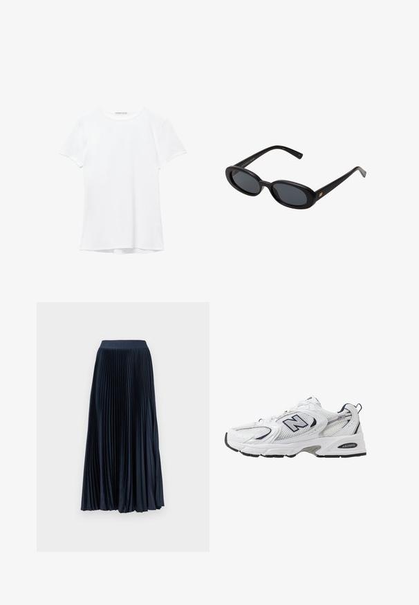 T-shirt blanc à manches courtes en tissu lisse, avec un col rond et de subtils détails de couture à l'ourlet.; Jupe plissée bleu marine avec une large ceinture élastique arborant un logo en relief, fabriquée à partir d'un tissu lisse et fluide. La longueur atteint le milieu du mollet.; B baskets blanches avec une tige en mesh, des accents bleu marine et une semelle rembourrée. Présente le logo "N", des lacets et un détail texturé sur le côté.; Lunettes de soleil noires surdimensionnées avec des verres ovoïdes, monture en plastique lisse et accents dorés sur les tempes. Les verres sombres offrent une protection contre le soleil.