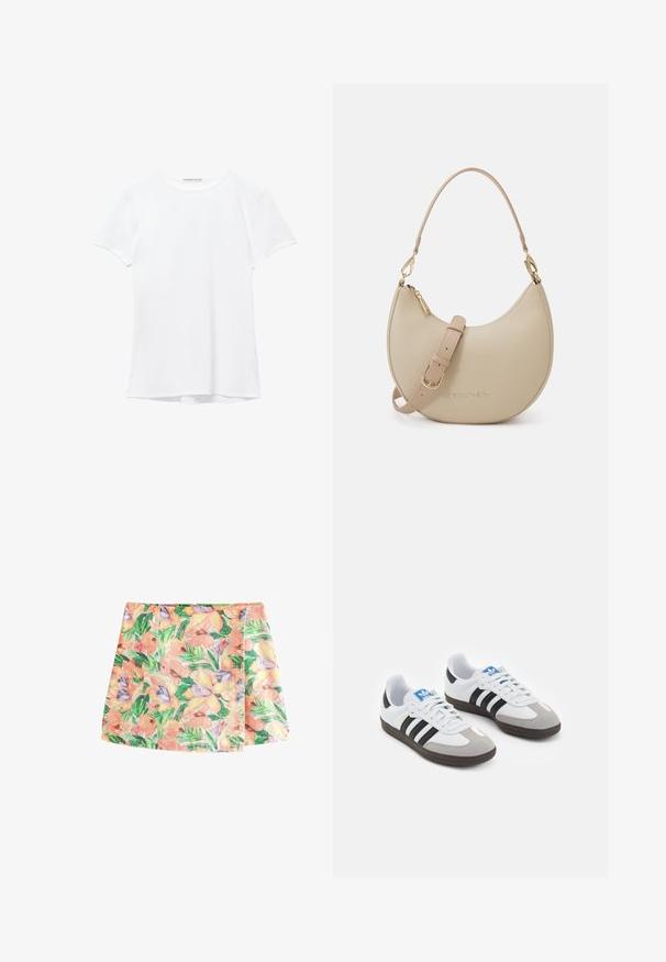 White short-sleeve t-shirt made from smooth fabric, featuring a round neckline and subtle stitching details at the hem.; Next Mini skirt - tropical print; Sport shoes with a white leather upper, gray suede toe, and three black stripes. Features a blue logo on the tongue and a textured rubber sole.; Beige leather handbag with a crescent shape, featuring a detachable shoulder strap, gold hardware accents, and embossed "Valentino" logo.