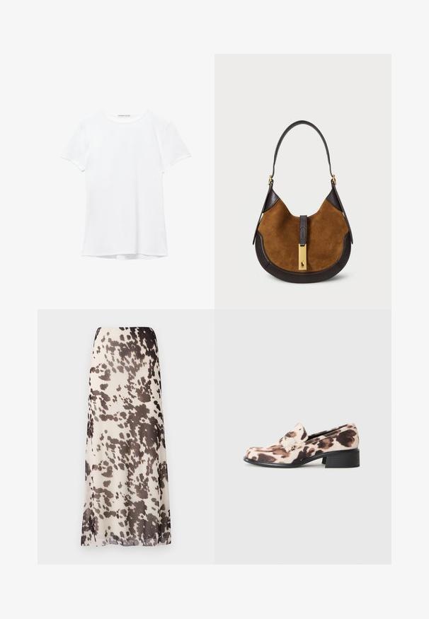 Witte short-sleeve t-shirt van gladde stof, met een ronde halslijn en subtiele stiksels bij de zoom.; Maxi rok gemaakt van lichtgewicht, doorschijnende stof, met een beige basis en donkere abstracte vlekken, en een rechte silhouet.; Lage hak lofer met zwarte gestapelde hak, beige en bruine dierenprint stof bovenkant, en decoratieve band over de wreef.; Bruine suède handtas met donkere leren accenten, gebogen vorm, platte handgreep en een gouden sluiting met een logo-detail aan de voorkant.