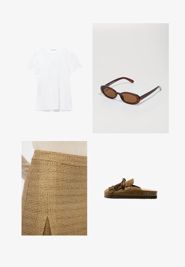 Witte short-sleeve t-shirt van gladde stof, met een ronde halslijn en subtiele stiksels bij de zoom.; Gestructureerde beige rok met een subtiel, geweven patroon en een lichte split, met gouden accenten en een op maat gesneden pasvorm.; Bruine suede instap-schoen met een ronde neus, franjes en een gestructureerde bruine zool. Korkaccent op de hak.; Ronde, bruin getinte zonnebril met een glanzend bordeauxrood frame. Slanke pootjes met subtiele merkdetails. Vlakke lensontwerp.; Geweven rieten tas met bruin lederen accenten, twee handvatten en een afneembare schouderband. Gebogen vorm met een stevige basis.