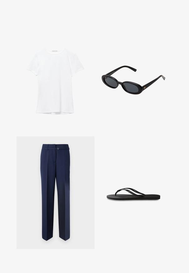 Bela kratka majica s kratkimi rokavi iz gladkega materiala, ki ima okroglo ovratnico in subtilne šive na robu.; Temno modri prirejeni hlače s ravnim krojem, ki se ponašajo z gladko teksturo in majhnim akcentom v obliki srčka na pasu.; Črne natikače z teksturirano gumijasto podlogo, dvema ozkima trakoma in subtilnim, vtisnjenim logom na traku.; Črne oversize sončne očala z ovalnimi lečami, gladkim plastičnim okvirjem in zlatenimi detajli na templjih. Temne leče zagotavljajo zaščito pred soncem.