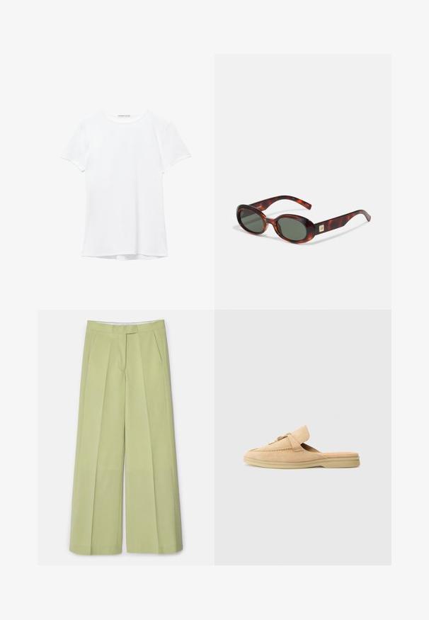 Bílý krátký rukáv tričko vyrobené z hladkého materiálu, s kulatým výstřihem a jemnými švy na lemu.; Světlé zelené široké kalhoty s hladkým materiálem, s předními sklady, dvěma postranními kapsami a rovný střih.; Béžová semišová nazouvací bota s kulatou špičkou, dekorativním prošíváním a akcentem zlatého kovu. Plná podešev a měkké vnitřní podšívání.; Sluneční brýle ve stylu želvoviny s tmavými skly, oválným tvarem a širokými obrubami. Na boční straně je malý zlatý akcent. Hladký plastový materiál.