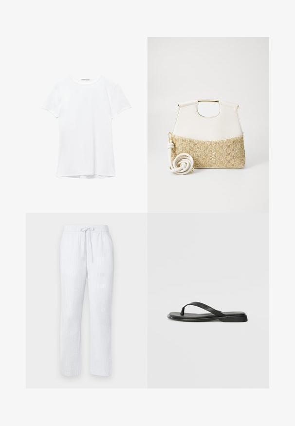 Biały krótki rękaw t-shirt wykonany z gładkiego materiału, z okrągłym dekoltem i subtelnymi detalami szycia na dole.; Jasnoniebieskie spodnie piżamowe z teksturowanym wzorem, elastyczną talią i sznurkiem do regulacji. Prosta nogawka, lekki materiał.; Czarne klapki wykonane z gładkiej skóry, z cienkim paskiem i płaską podeszwą o minimalistycznym profilu. Brak widocznych wzorów lub akcentów.; Biała skórzana torebka z teksturowanym kremowym plecionym dnem. Posiada złotą rączkę oraz spiralny biały pasek, co zapewnia wszechstronność użytkowania.