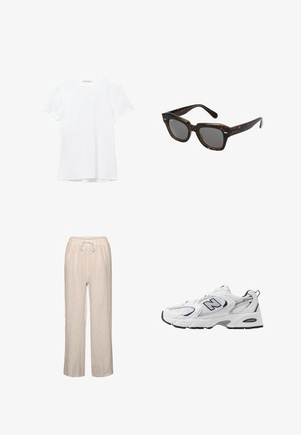 Biały krótki rękaw t-shirt wykonany z gładkiego materiału, z okrągłym dekoltem i subtelnymi detalami szycia na dole.; Lnianowe spodnie w jasnym beżu z elastycznym pasem i sznurkiem, charakteryzujące się luźnym krojem i prostymi nogawkami.; Białe sportowe buty z siateczkową cholewką, granatowymi akcentami i wyściełaną podeszwą. Posiadają logo "N", sznurówki oraz teksturowany detal po boku.; Prostokątne okulary słoneczne z oprawką z plastiku w stylu żółwia, ciemnymi soczewkami i srebrnymi akcentami po bokach. Wyprodukowano we Włoszech.