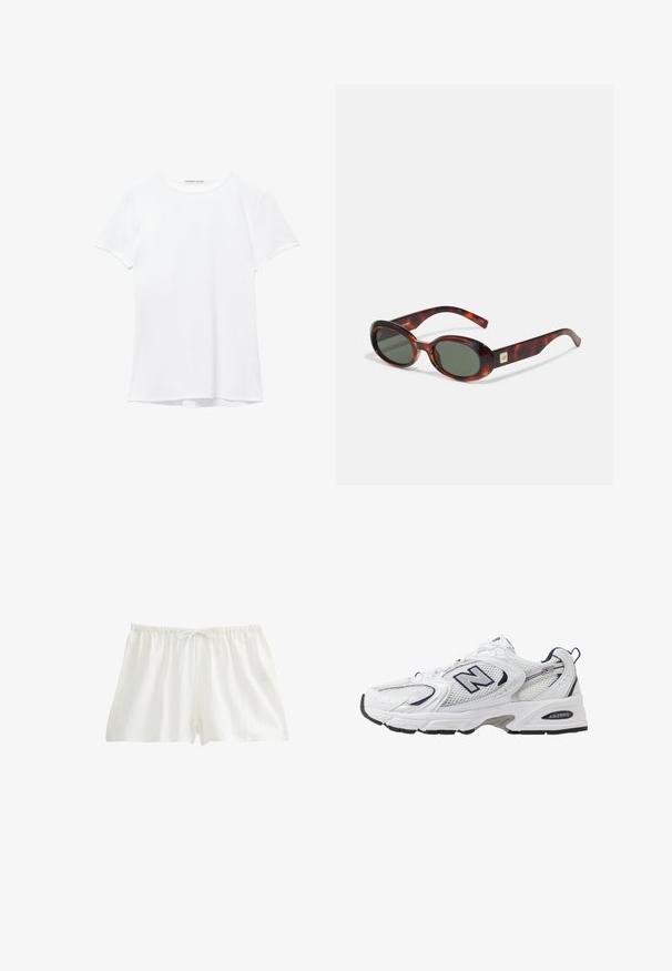White short-sleeve t-shirt made from smooth fabric, featuring a round neckline and subtle stitching details at the hem.; White cotton shorts with an elastic waistband and a drawstring. Lightweight fabric with a textured finish, designed for comfort and breathability.; White athletic shoe with mesh upper, navy accents, and cushioned sole. Features "N" logo, laces, and textured detail on side.; Tortoise-shell sunglasses with dark lenses, oval shape, and wide arms. Features a small gold accent on the side. Smooth plastic material.