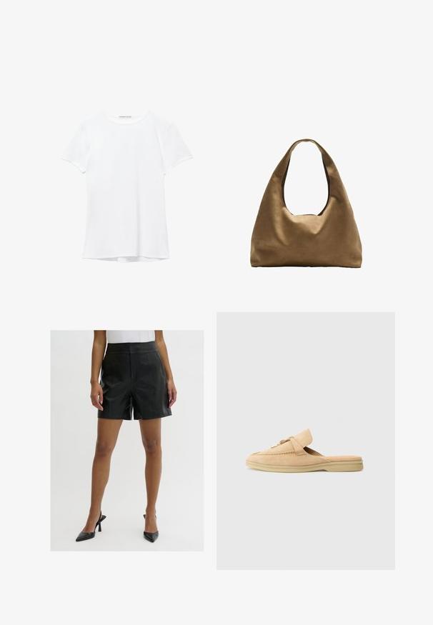 Weißes T-Shirt mit kurzen Ärmeln aus glatter Stoffqualität, mit rundem Ausschnitt und dezenten Nähten am Saum.; Schwarze Lederkurzshorts mit einem hoch geschnittenen Design, featuring einer glatten Textur, zwei Vordertaschen und klaren, maßgeschneiderten Linien.; Beige Wildleder Slipper mit runder Zehenpartie, dekorativer Naht und goldfarbenem Hardware-Akzent. Flache Sohle und weiche Innenauskleidung.; Braune Stoffschultertasche mit einem breiten, runden Körper und einem großen Ausschnittgriff. Sanfte Textur, minimalistisches Design und keine sichtbaren Beschläge.