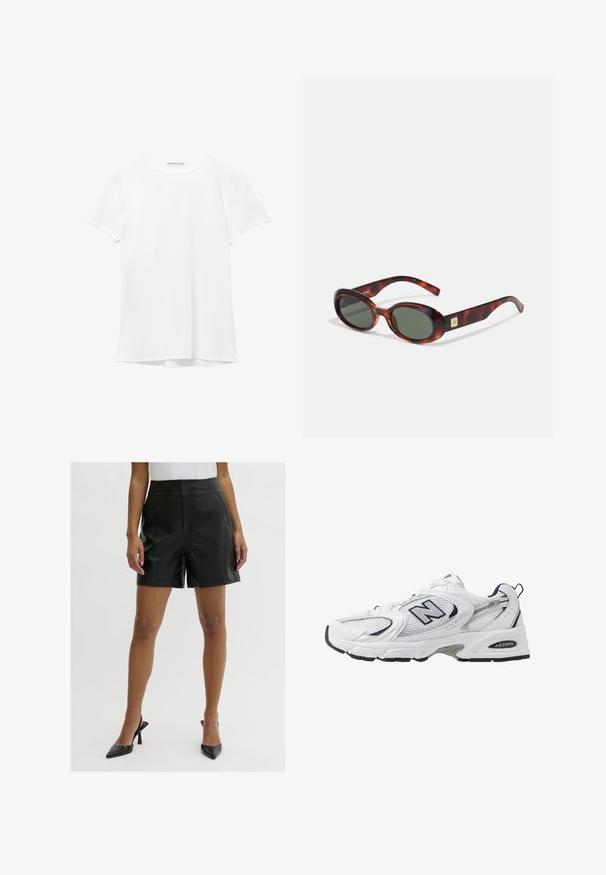 Witte short-sleeve t-shirt van gladde stof, met een ronde halslijn en subtiele stiksels bij de zoom.; Zwarte leren shorts met een hoge taille, featuring een gladde textuur, twee voorkamers en strakke, verzorgde lijnen.; Witte sport schoen met mesh bovenkant, marineblauwe accenten en een gehoorzaamde zool. Bevat het "N" logo, veters en een gestructureerde detail aan de zijkant.; Schildpadbril met donkere lenzen, ovale vorm en brede armen. Voorzien van een kleine gouden accent aan de zijkant. Glad plastic materiaal.