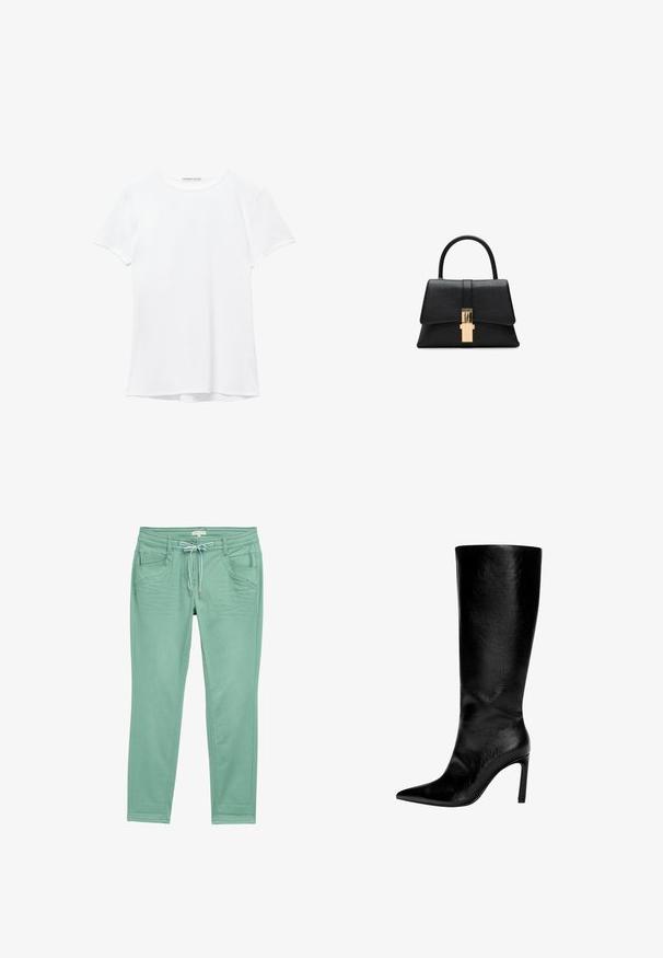 Biały krótki rękaw t-shirt wykonany z gładkiego materiału, z okrągłym dekoltem i subtelnymi detalami szycia na dole.; Miętowe spodnie z miękkiego materiału, z elastycznym pasem na sznurku, dwoma przednimi kieszeniami oraz subtelnymi przeszyciami wzdłuż bocznych szwów.; Czarna skórzana kozaczka za kolano z ostrym noskiem, wysokim obcasem typu stiletto, gładkim wykończeniem i prostym, eleganckim designem bez ozdób.; Czarna, strukturalna torebka na ramię o gładkiej fakturze, z jedną górną rączką i złotym zapięciem z przodu. Minimalistyczny design.
