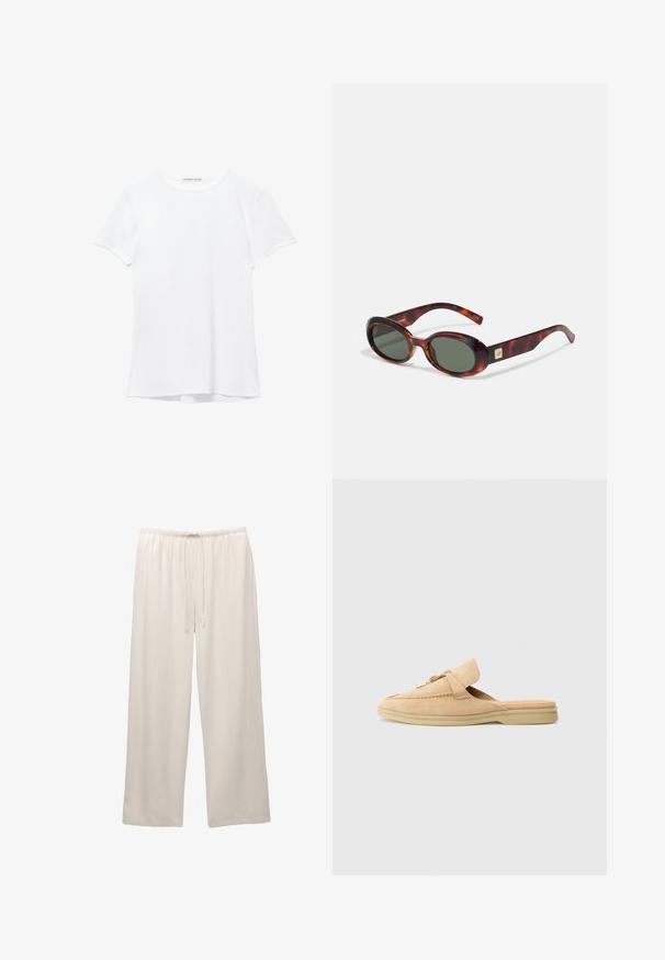 Weißes T-Shirt mit kurzen Ärmeln aus glatter Stoffqualität, mit rundem Ausschnitt und dezenten Nähten am Saum.; Helle, weite Hosen aus weichem Stoff mit elastischem Taillenbund und verstellbarem Kordelzug für zusätzlichen Komfort.; Beige Wildleder Slipper mit runder Zehenpartie, dekorativer Naht und goldfarbenem Hardware-Akzent. Flache Sohle und weiche Innenauskleidung.; Schildkrötenmuster Sonnenbrille mit dunklen Gläsern, ovaler Form und breiten Bügeln. Verfügt über eine kleine goldene Akzentuierung an der Seite. Hergestellt aus glattem Kunststoff.