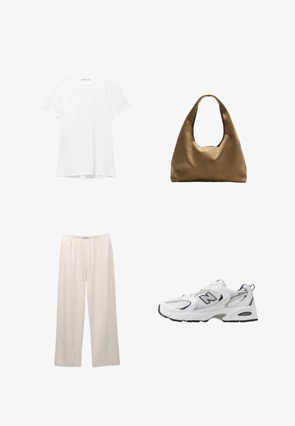 Valkoinen lyhythihainen t-paita, joka on valmistettu sileästä kankaasta, ja jossa on pyöreä pääntie sekä hillityt ompelutiedot helmassa.; Vaaleanväriset, leveälahkeiset housut, jotka on valmistettu pehmeästä kankaasta. Housuissa on joustava vyötärö ja säädettävä nyöri mukavuutta varten.; Valkoinen urheilushoe, jossa on verkkomateriaali päällä, laivastonsiniset yksityiskohdat ja pehmeä pohja. Varustettu "N"-logolla, nauhoilla ja teksturoidulla yksityiskohdalla sivussa.; Ruskea kangaskassi, jossa on leveä, pyöristetty muoto ja suuri leikattu kahva. Pehmeä pinta, minimalistinen muotoilu ja ei näkyvää metalliosaa.