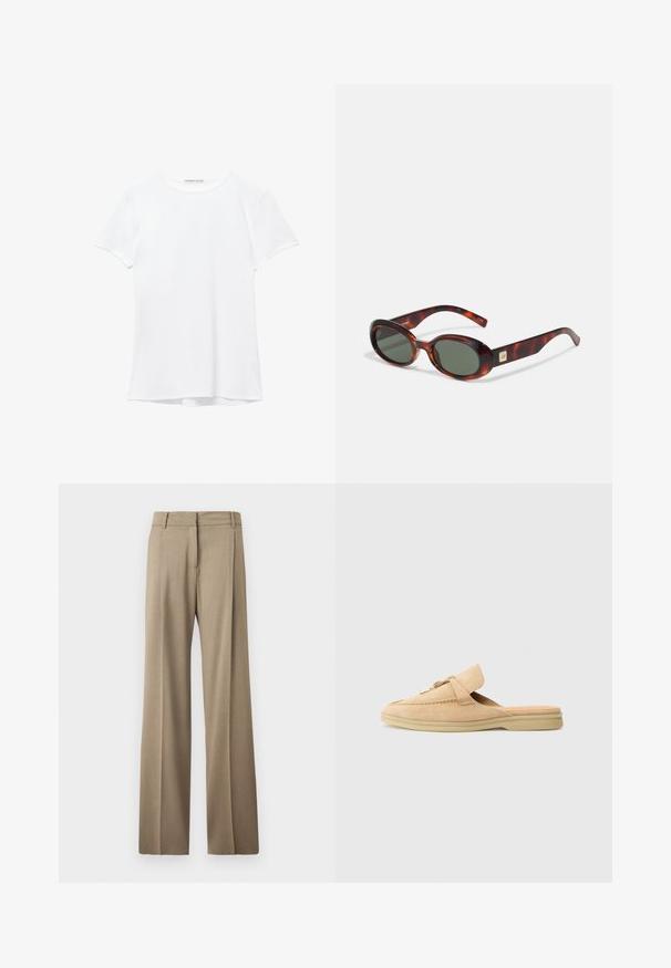 Valkoinen lyhythihainen t-paita, joka on valmistettu sileästä kankaasta, ja jossa on pyöreä pääntie sekä hillityt ompelutiedot helmassa.; Vyötiellä heikko ruskeat housut. Ominaisuuksina sileä pinta, siististi silitetyt taitteet ja litteä etuvyötärö.; Beige mokkasiner av semsket skinn med avrundet tå, dekorativ søm og en gullfarget hardwaredetalj. Flat såle og myk indre fôring.; Kilpikonnakuoriset aurinkolasit, joissa on tummat linssit, soikea muoto ja leveät sankat. Sivussa on pieni kultainen yksityiskohta. Sujuva muovimateriaali.