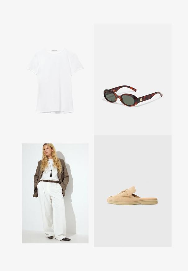 Valkoinen lyhythihainen t-paita, joka on valmistettu sileästä kankaasta, ja jossa on pyöreä pääntie sekä hillityt ompelutiedot helmassa.; Valkoiset laskostetut housut yhdistettynä harmaaseen bleiseriin, valkoisen T-paidan päällä, joita korostaa ruskea vyö ja mustat kärkitossut.; Beige mokkasiner av semsket skinn med avrundet tå, dekorativ søm og en gullfarget hardwaredetalj. Flat såle og myk indre fôring.; Kilpikonnakuoriset aurinkolasit, joissa on tummat linssit, soikea muoto ja leveät sankat. Sivussa on pieni kultainen yksityiskohta. Sujuva muovimateriaali.; Valkoinen käsilaukku kaarevalla siluetilla, teksturoitua nahkaa, kultaisia yksityiskohtia ja irrotettava olkahihna, jossa on logo ja solkiyksityiskohta.