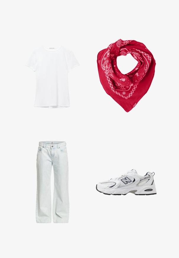 White short-sleeve t-shirt made from smooth fabric, featuring a round neckline and subtle stitching details at the hem.; Light blue wide-leg jeans made of denim, featuring a button closure, five pockets, and a slight faded texture throughout.; White athletic shoe with mesh upper, navy accents, and cushioned sole. Features "N" logo, laces, and textured detail on side.; Red bandana scarf made of cotton, featuring white paisley and dot patterns, with a triangular shape and a tag in the lower corner.