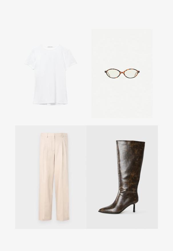 Weißes T-Shirt mit kurzen Ärmeln aus glatter Stoffqualität, mit rundem Ausschnitt und dezenten Nähten am Saum.; Beige Hose mit Falten, aus glattem Stoff gefertigt. Sie verfügt über einen Bund mit Gürtelschlaufen und hat ein gerades Bein-Design, keine sichtbaren Taschen.; Braune, abgenutzte Lederkniehohe Stiefel mit spitzem Zeh und dünnem Stiletto-Absatz auf weißem Hintergrund.; Schildpatt-Eyegläser mit ovalen Gläsern und einer eleganten, glatten Oberfläche. Mit dünnen Seiten und einer subtilen Kurve an den Schläfen. Klare Gläser.; Gewebte beigere Lederhandtasche mit einem einzelnen Schulterriemen, rechteckiger Form und strukturiertem Oberflächen. Verstellbare Riemenbeschläge sind enthalten.