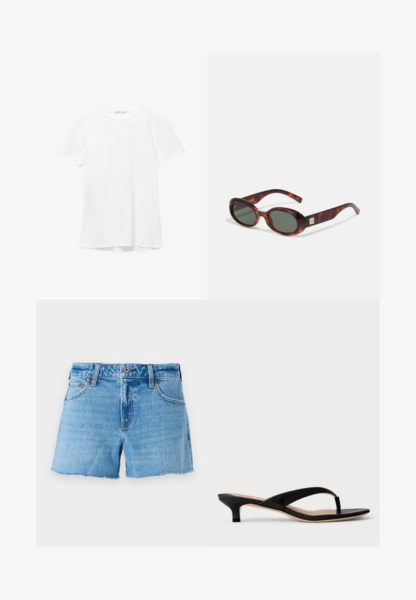Fehér, rövid ujjú póló sima anyagból, kerek nyakkivágással és diszkrét varrási részletekkel az alján.; Világoskék farmer sort, nyers szélű szegéllyel, öt zsebes kialakítással és réz gombos záródással. Simább textúra, enyhe kopással.; Fekete műbőrből készült magassarkú szandál vékony pántokkal, nyitott orr kialakítással és kis tömbsarkal. Pántján logó díszítés található.; Tortoiseshell napszemüveg sötét lencsékkel, ovális forma, széles karokkal. Jellemzője egy kis arany dísz oldalán. Simító műanyagból készült.