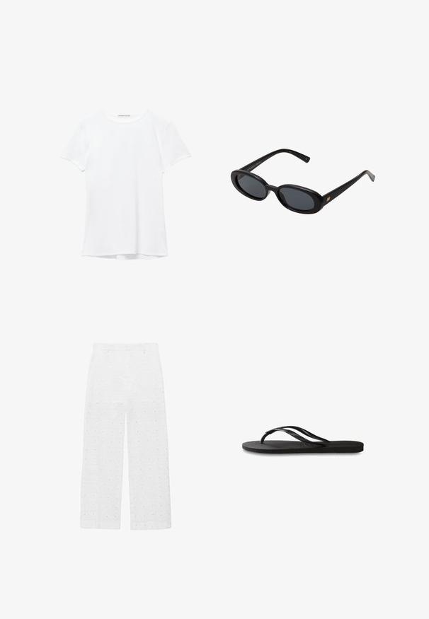White short-sleeve t-shirt made from smooth fabric, featuring a round neckline and subtle stitching details at the hem.; White wide-leg pants made of textured fabric featuring eyelet designs with square patterns and circular cutouts throughout.; Black flip-flop featuring a textured rubber sole, two slender straps, and a subtle, embossed logo detail on the strap.; Black oversized sunglasses with oval lenses, smooth plastic frame, and gold accents on temple. Dark lenses provide sun protection.