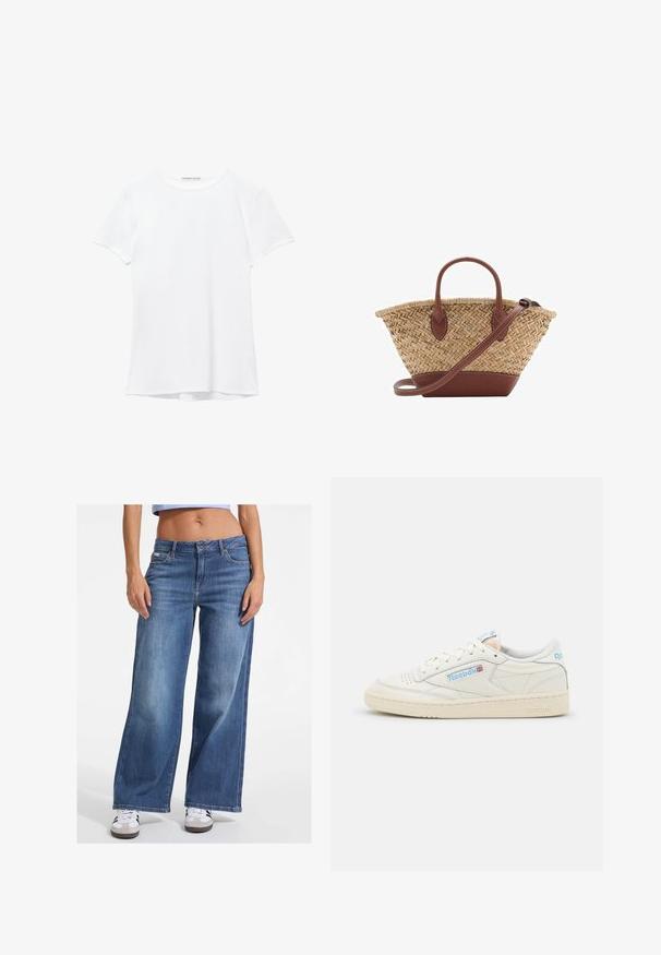 Bijela majica kratkih rukava izrađena od glatkog materijala, s okruglim izrezom i suptilnim detaljima šivanja na rubu.; Široke plave traperice s visokim strukom i suptilnim izbljeđenjem, koje imaju klasičan dizajn s pet džepova i dugme za zatvaranje.; Reebok tenisice od off-white kože s svijetloplavim detaljima. Imaju perforirani vrh, ravne vezice i teksturiranu gumenu potplat.; Woven straw basket torba s smešnim kožnim detaljima, dva ručka i odvojivim remenom. Savijen oblik s čvrstim dnom.