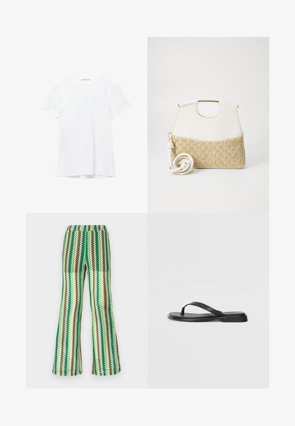 Fehér, rövid ujjú póló sima anyagból, kerek nyakkivágással és diszkrét varrási részletekkel az alján.; Zoknis flared nadrág, amely zig-zag mintával rendelkezik zöld, barna és krém árnyalatokban; rugalmas derékpánt; texturált felület.; Fekete papucs sima bőrből, vékony pántkel és lapos talppal rendelkezik, minimális profilú. Nincsenek kiemelkedő minták vagy díszítések.; Fehér bőr kézitáska texturált krémszínű, szőtt anyagú aljjal. Aranyszínű fogantyúval és tekert fehér pánttal rendelkezik a sokoldalúság érdekében.