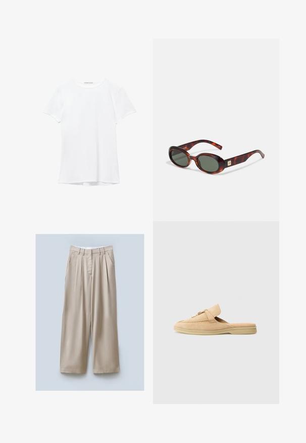 Valkoinen lyhythihainen t-paita, joka on valmistettu sileästä kankaasta, ja jossa on pyöreä pääntie sekä hillityt ompelutiedot helmassa.; Vaahtosävyiset leveälahkeiset housut, joissa on teksturoitu pinta, kaksi sivutaskua, edessä röyhelöt ja vyötärö, joka takaa turvallisen istuvuuden.; Beige mokkasiner av semsket skinn med avrundet tå, dekorativ søm og en gullfarget hardwaredetalj. Flat såle og myk indre fôring.; Kilpikonnakuoriset aurinkolasit, joissa on tummat linssit, soikea muoto ja leveät sankat. Sivussa on pieni kultainen yksityiskohta. Sujuva muovimateriaali.; Valkoinen käsilaukku kaarevalla siluetilla, teksturoitua nahkaa, kultaisia yksityiskohtia ja irrotettava olkahihna, jossa on logo ja solkiyksityiskohta.