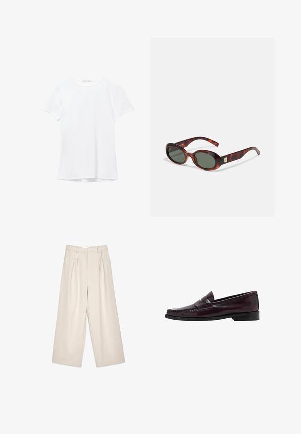 Hvid kortærmet t-shirt lavet af glat stof, med rund halsudskæring og diskrete syninger ved kanten.; Beige vidde bukser med folder, med en glat tekstur og bæltestropper. Skræddersyet snit, der giver en løs pasform omkring benene.; Mænds mørkebrune læder penny loafers med sort sål og syning langs tåen, vist i sideprofil.; Skildpaddemønstrede solbriller med mørke linser, oval form og brede stænger. Har en lille gylden detalje på siden. Glat plastmateriale.; Hvid håndtaske med en buet silhuet, tekstureret læder, gyldent hardware og en aftagelig strop med et logo og spænde detaljer.