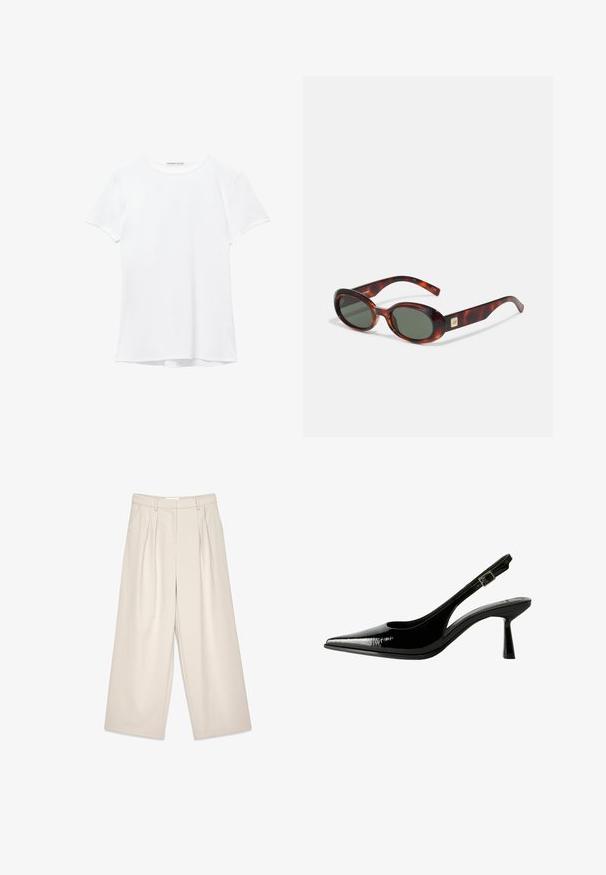 T-shirt blanc à manches courtes en tissu lisse, avec un col rond et de subtils détails de couture à l'ourlet.; Pantalons beige à larges jambes avec pinces, présentant une texture lisse et des passants de ceinture. Coupe ajustée, offrant un fit ample autour des jambes.; Racine à talon en cuir verni noir avec un nez pointu, des côtés découpés, une bride de cheville ajustable et un talon fin et élégant.; Lunettes de soleil en écaille de tortue avec verres foncés, en forme ovale et avec des branches larges. Présente un petit accent doré sur le côté. Matériau en plastique lisse.; Sac à main blanc avec une silhouette courbée, en cuir texturé, matériel doré et une bandoulière amovible avec un logo et un détail de boucle.