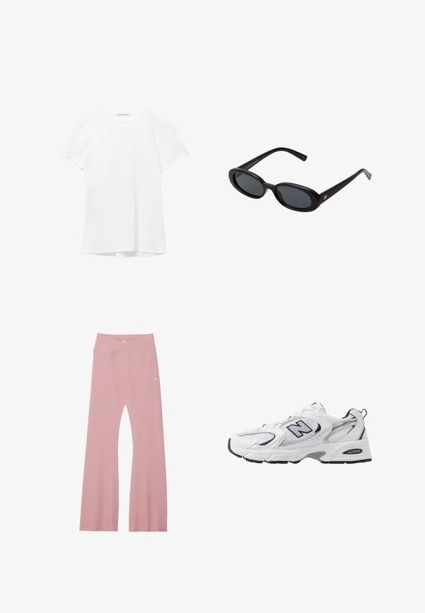 White short-sleeve t-shirt made from smooth fabric, featuring a round neckline and subtle stitching details at the hem.; Light pink ribbed leggings with a wide waistband, featuring a cross design and reinforced stitching along the legs for durability.; White athletic shoe with mesh upper, navy accents, and cushioned sole. Features "N" logo, laces, and textured detail on side.; Black oversized sunglasses with oval lenses, smooth plastic frame, and gold accents on temple. Dark lenses provide sun protection.