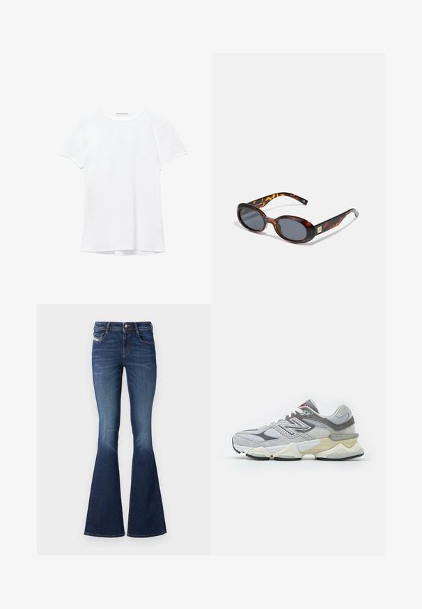 Weißes T-Shirt mit kurzen Ärmeln aus glatter Stoffqualität, mit rundem Ausschnitt und dezenten Nähten am Saum.; Dunkel gewaschene Schlagjeans mit mittelhoher Taille, klassischem Fünf-Taschen-Design und dezentem Verblassen an den Oberschenkeln.; Graue Wildleder- und Mesh-Sneaker mit einer dicken weißen und beigen Sohle, ausgestattet mit einem auffälligen weißen Logo und roten Akzentdetails.; Braune Schildpatt-Sonnenbrille mit ovalen Gläsern und dunkelgrauem Verlauf. Mit einem goldfarbenen Akzent an den Bügeln. Glatte Kunststoffoberfläche.; Weißes Handtasche mit geschwungener Silhouette, strukturiertem Leder, goldenen Beschlägen und einem abnehmbaren Tragegurt mit Logo- und Schnallendetails.