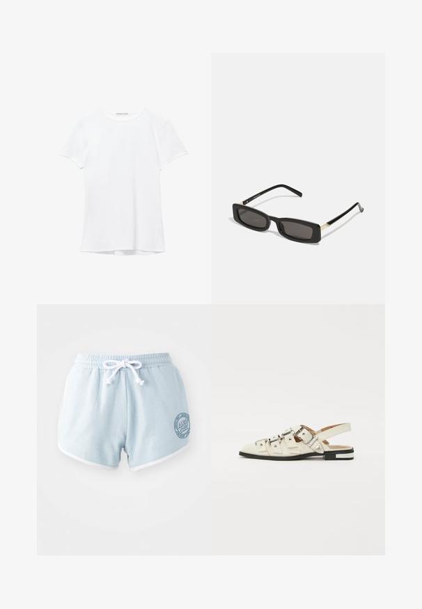 Biały krótki rękaw t-shirt wykonany z gładkiego materiału, z okrągłym dekoltem i subtelnymi detalami szycia na dole.; Jasnoniebieskie szorty z miękkiego materiału z białym sznurkiem do regulacji, z białymi wykończeniami i okrągłą naszywką z logo po boku.; Sandały typu slingback z białej skóry, z wieloma szerokimi paskami i srebrnymi klamrami; płaska podeszwa z małym czarnym obcasem i metalicznymi akcentami.; Czarnie prostokątne okulary przeciwsłoneczne z ciemnymi soczewkami, błyszczącymi plastikowymi oprawkami i złotymi akcentami na zausznikach. Minimalistyczny design i smukły kształt.; Żółty pleciony portfel kopertowy z klapką, odczepianym paskiem na nadgarstek i złotym akcentem łańcuszka. Gładka tekstura i prostokątny kształt.; Złote kolczyki w kształcie kółek o gładkim, błyszczącym wykończeniu. Okrągły design z małym klipsem i przezroczystym zapięciem zapewniającym bezpieczne noszenie.