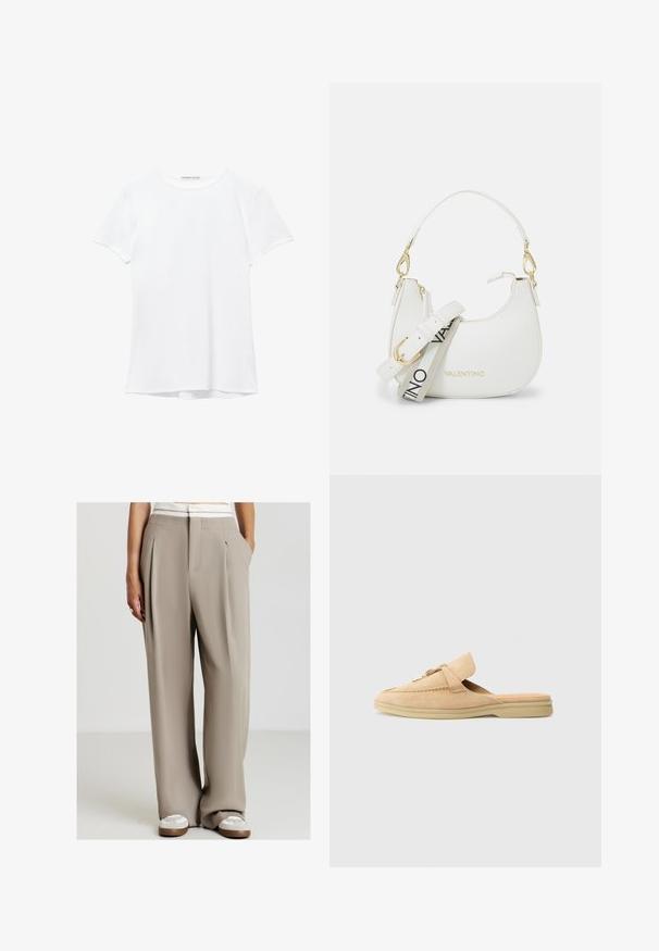 White short-sleeve t-shirt made from smooth fabric, featuring a round neckline and subtle stitching details at the hem.; Person wearing high-waisted, wide-leg beige trousers with pleats, white waistband detail, and white sneakers, standing with hands in pockets.; Beige suede slip-on shoe with a rounded toe, decorative stitching, and a gold-toned hardware accent. Flat sole and soft interior lining.; White handbag with a curved silhouette, textured leather, gold hardware, and a detachable strap featuring a logo and buckle detail.