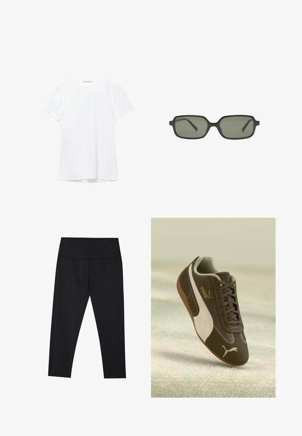 Bijela majica kratkih rukava izrađena od glatkog materijala, s okruglim izrezom i suptilnim detaljima šivanja na rubu.; Crne tajice izrađene od rastezljivog materijala, s visokim strukom i ravnim šavovima. Duljina do gležnjeva s glatkom, mat teksturom.; Smeđi Puma tenisice s bež prugom i logotipom, vezane, odložene na teksturiranoj bež površini.; Crne pravokutne sunčane naočale s tamnozelenim lećama, s ravnim dizajnom, minimalističkim bočnim dijelovima i laganim okvirom za udobnost.; Crna kožna torba s pletenim ručkama, džepom na zatvarač i visećim resicama. Teksturirana površina s metalnim zakovicama i hardverskim naglascima.