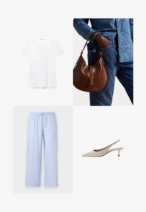 Witte short-sleeve t-shirt van gladde stof, met een ronde halslijn en subtiele stiksels bij de zoom.; Lichtblauwe pyjamabroek met witte verticale strepen, gemaakt van zachte stof, met een elastische tailleband en een verstelbaar trekkoord.; Beige slingback hakken met een puntige neus en een lage, uitlopende hak. Gemaakt van glad leer met een minimalistisch ontwerp en een verstelbare band.; Bruine leren hobo tas met een rondvorm, voorzien van een gouden hardwareaccent en contrasterende stiksels. Gecombineerd met een denim shirt en jeans.